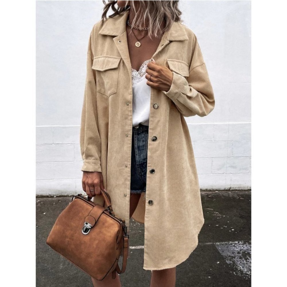 Corduroy Snap Button Flap Pocket Curved Hem Coat Khaki - Picture 2 of 6